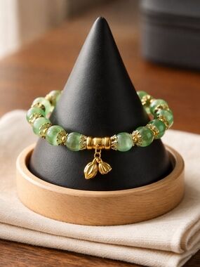 Nephrite Jade Green Beaded Stretch Bracelet with Gold Accents and Lotus Charm